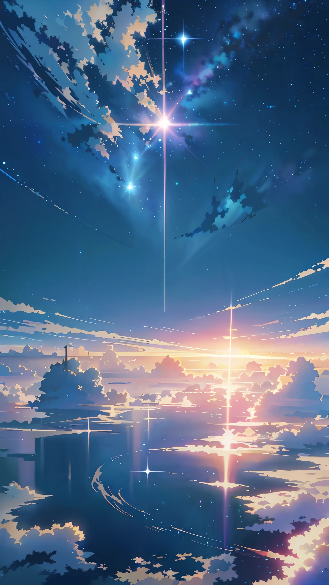 anime scenery of a star shining in the sky over a body of water, cosmic skies. by makoto shinkai, makoto shinkai cyril rolando, makoto shinkai. —h 2160, ( ( makoto shinkai ) ), style of makoto shinkai, makoto shinkai!, by Makoto Shinkai, by makoto shinkai