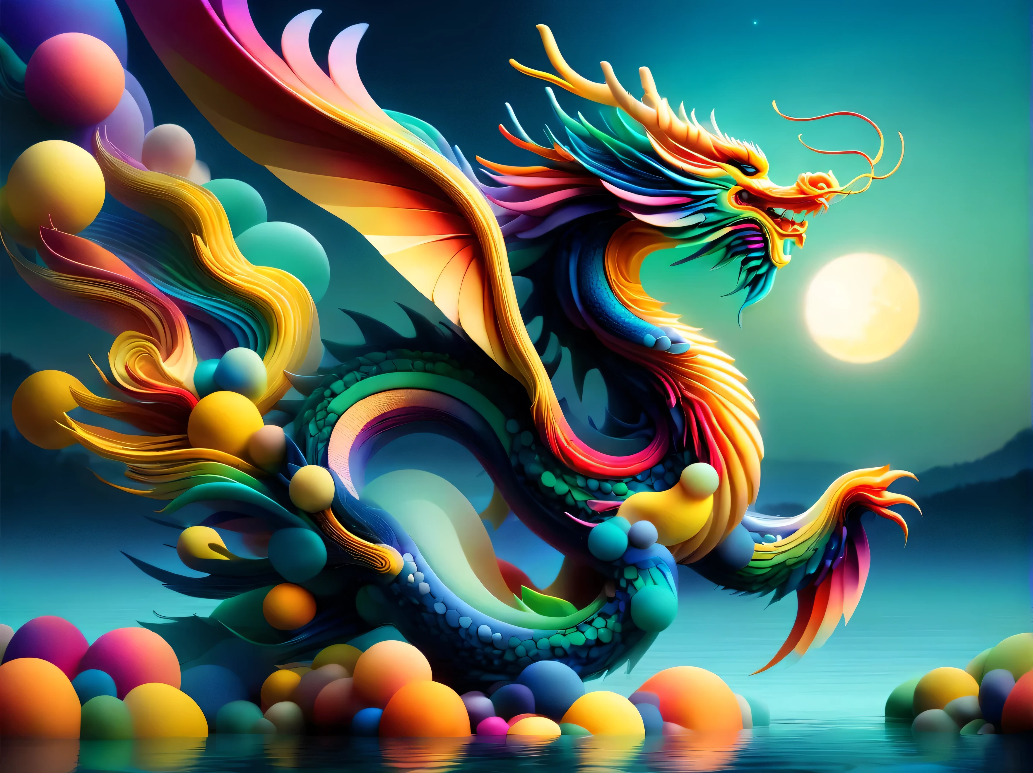 abstrgn style dragon, minimalistic colourful organic forms, energy assembled, layered, depth, alive vibrant, 3D, abstract, full body, no humans, powerful claws, majestic tail, sweeping intricate horns, wings, magical floating particles, eastern dragon, floating over water, night time, lake background, moonlight shadow