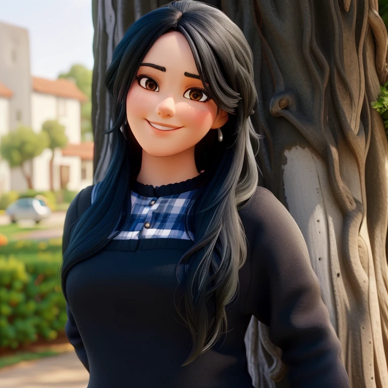 woman with black hair, happy leaning against a tree