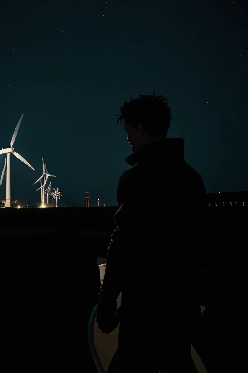 Die Szene zeigt Alex, umgeben von dunkler Dunkelheit, while he inspects the standing 3-blade wind turbines with a flashlight. The lights of Grüntal shine in the background, die nun erloschen sind. Robi steht treu an seiner Seite, und ihre Silhouetten zeichnen sich deutlich vor der Dunkelheit ab. Das Bild strahlt Entschlossenheit und die Herausforderung der Dunkelheit aus.