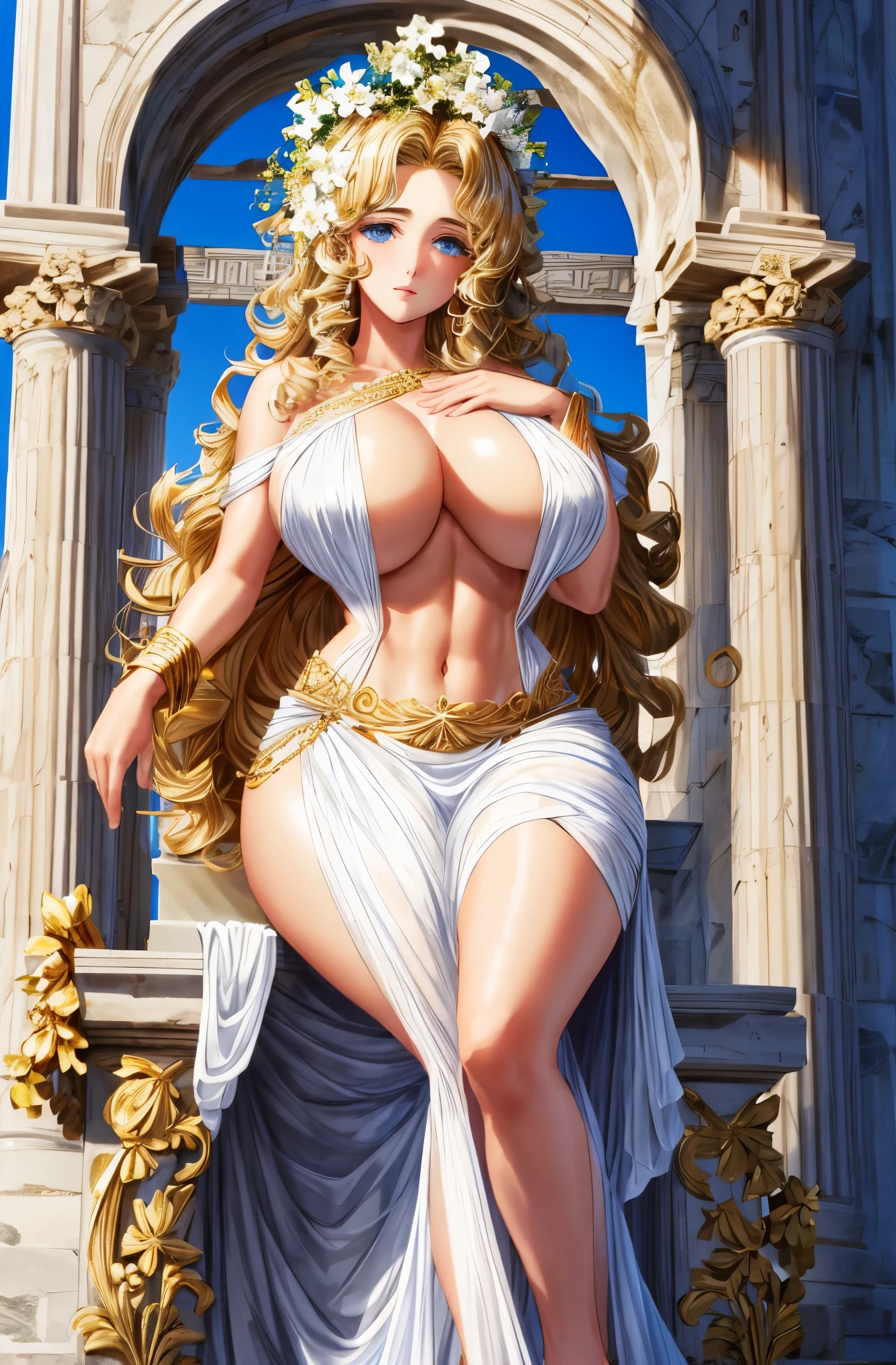 Greek goddess Aphrodite, serious and sexy face, has a face of supernatural beauty and short curly blonde hair decorated with flowers, as well as blue eyes. (perfect anatomy) , (perfect eyes) Her figure is extremely voluptuous, Gigantic breasts, Heavy breasts, Hip fitness, Cracked abdominal muscle, White silk dress, big abs muscle, she sits on her great throne of Greek marble, work of art.