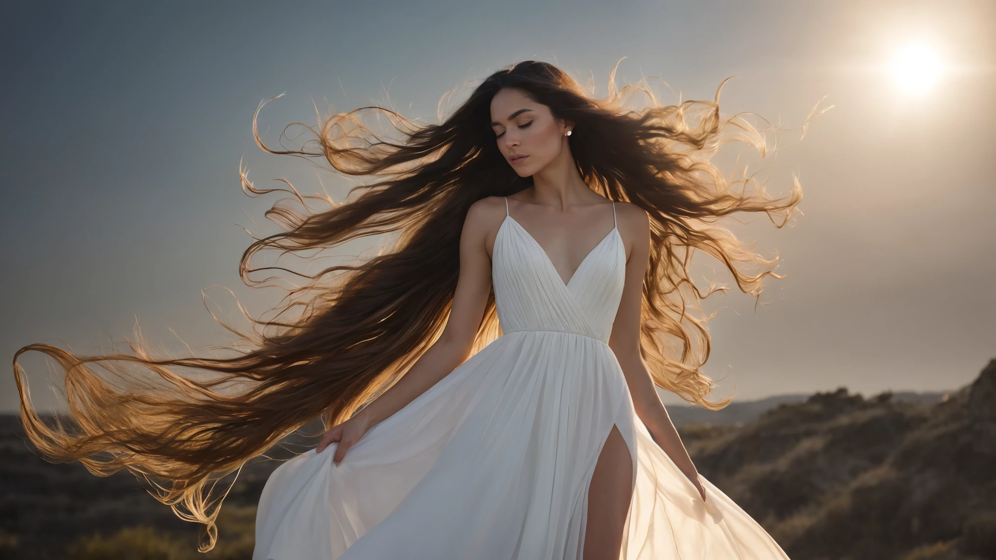 envision a radiant woman graced with luxuriously long hair, elegantly attired in a cocktail dress. Her locks are not merely long but exceptionally so, each filament animated by a relentless breeze. As the wind weaves through her hair, it creates a dynamic display of airborne strands, each highlighted against the backdrop by expert backlighting. The scene captures the very soul of modeling photography, where the extraordinary length of her hair ebbs and flows like a natural element. This image, deeply rooted in the finesse of editorial photography, shows her hair not only being tousled by the wind but seeming almost weightless, as if each strand is momentarily suspended mid-air, a testament to the invisible force surrounding her