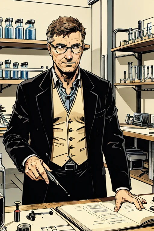A laboratory picture shows Alex and Professor Müller, surrounded by high-tech devices and sketches of screw connections. Die Szene verdeutlicht die Tiefe der Forschung und die Zusammenarbeit der beiden. Robi is equipped with small tools and actively supports the experiments. Das Bild strahlt den Forschergeist und die technologische Expertise aus.