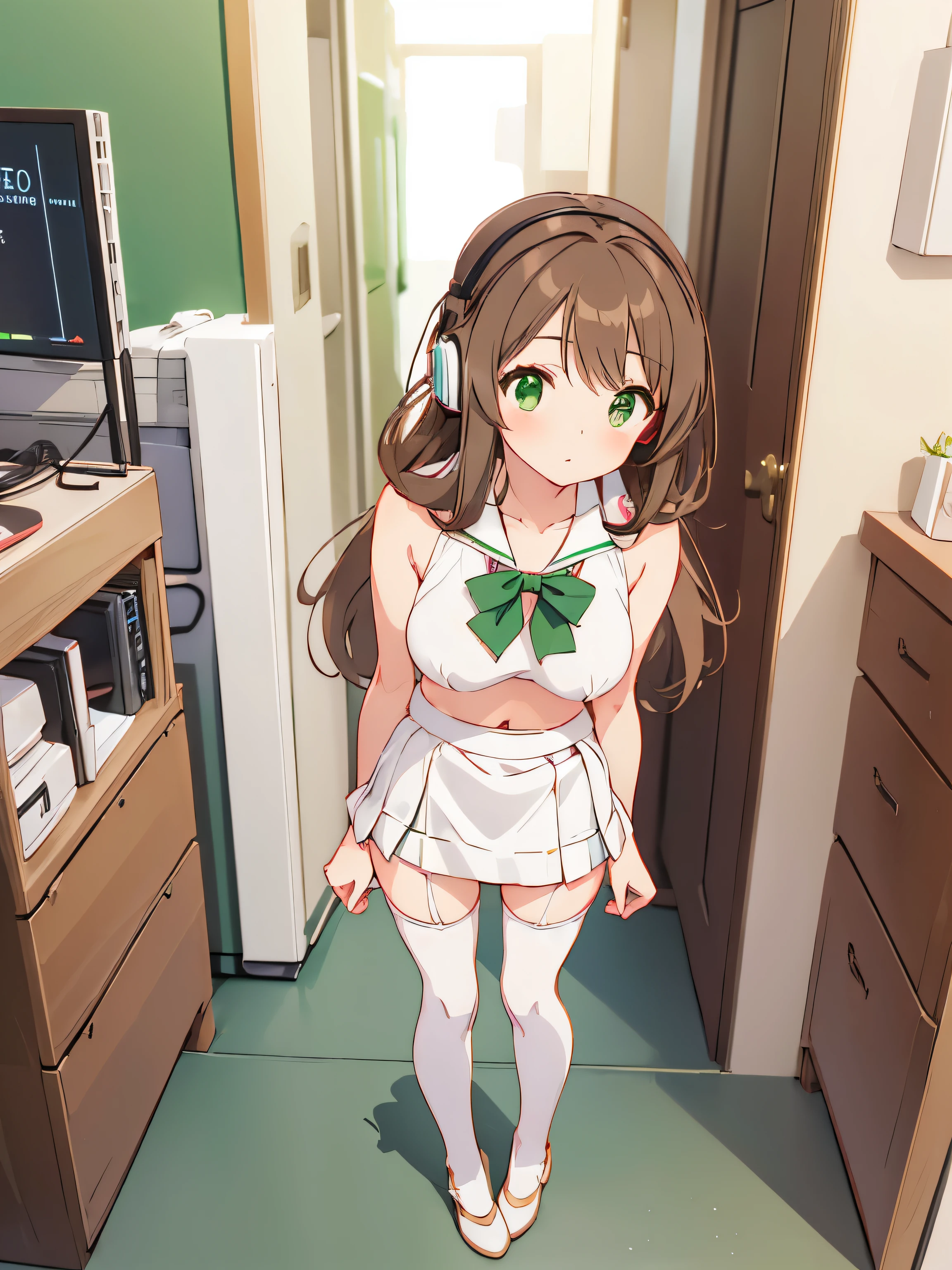 (((cute anime girl))) ((brown hair)) ((green eyes)) ((skinny)) ((perky tits)) (((white mini skirt))) ((white stockings)) ((bikini)) (((full body))) ((gaming headset)) (((standing))) (((one person))) ((Arms behind back))