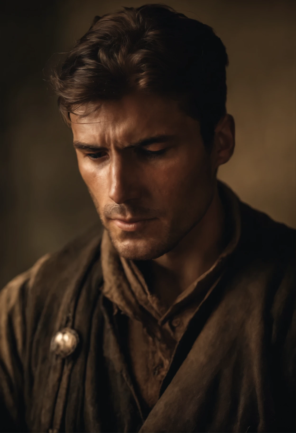 A man with just his face with a disappointed expression and his face all injured because of the war with his head tilted down on the right side