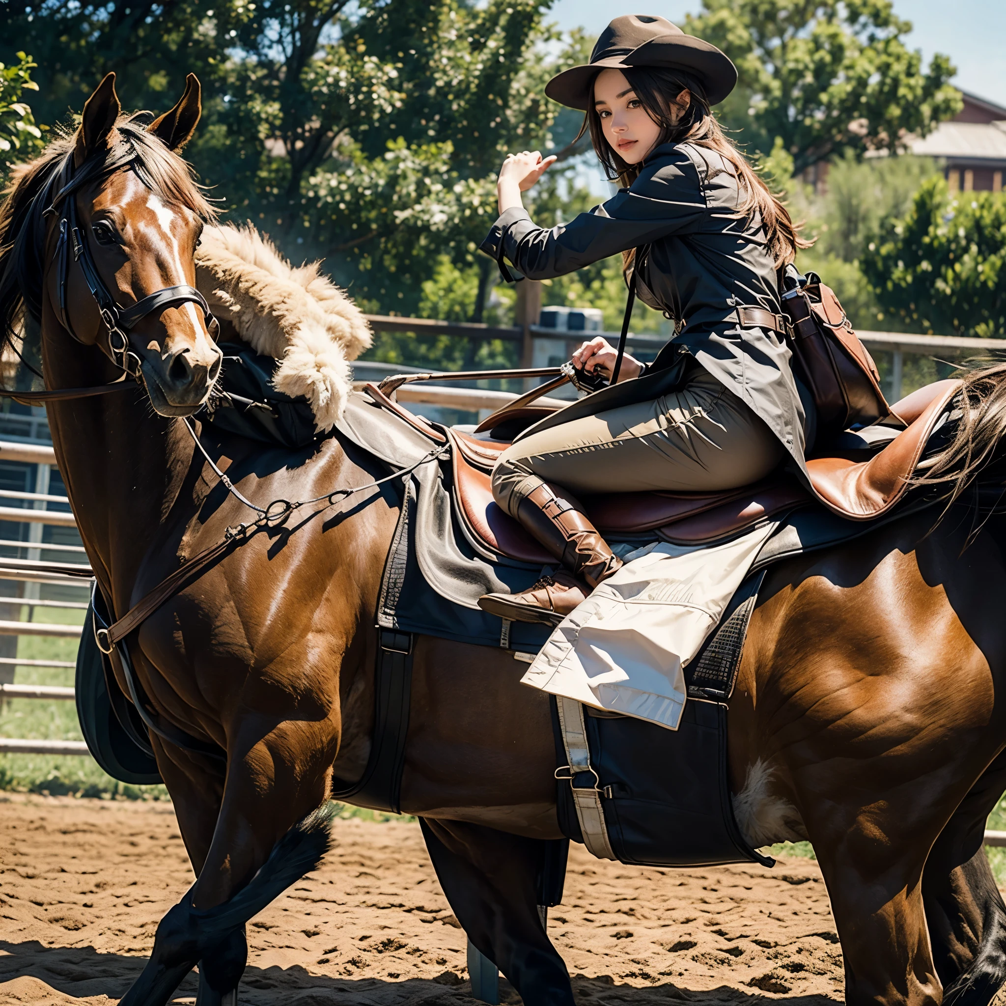 A girl riding on horse , realistic