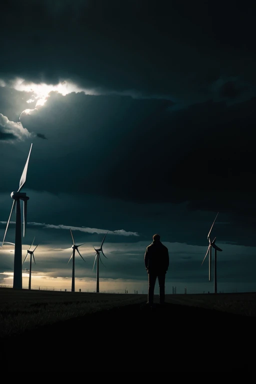 Alex and Robi comb through the wind turbines, while Professor Müller stands there with a plan and a stack of notes. Das Bild zeigt die Detektivarbeit im Gange, mit einer Taschenlampe, die auf defekte Schraubenverbindungen gerichtet ist. The gloomy surroundings emphasize the seriousness of the mission.