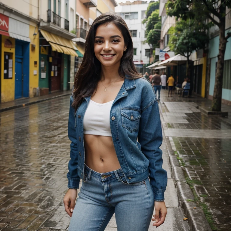 Modelo brasileira, friendly about 20 years ago, sorrir, academia, cafeteria, fora, rua, rua outfit, roupas casuais chuva, cabelo molhado, guarda chuva, water, nuvem, nublado, Denim Jeans, spontaneous black jacket, andando pela rua, passeando, sorrindo distraidamente