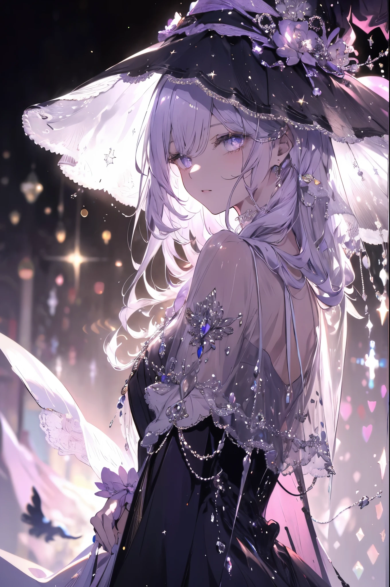 High definition RAW color art, Animation,sculptures, Silver Marble Skin, (((Ultra detailed elegant))), Magical atmosphere, Detailed skin, Texture,(Intricately detailed, Fine detail, ultra-detail art), depth of fields, Bokeh, Silky Touch, Hyper Detail, white background, (pastel purple), beautiful eyes, elegant face, looking back, witchcraft hat, magic