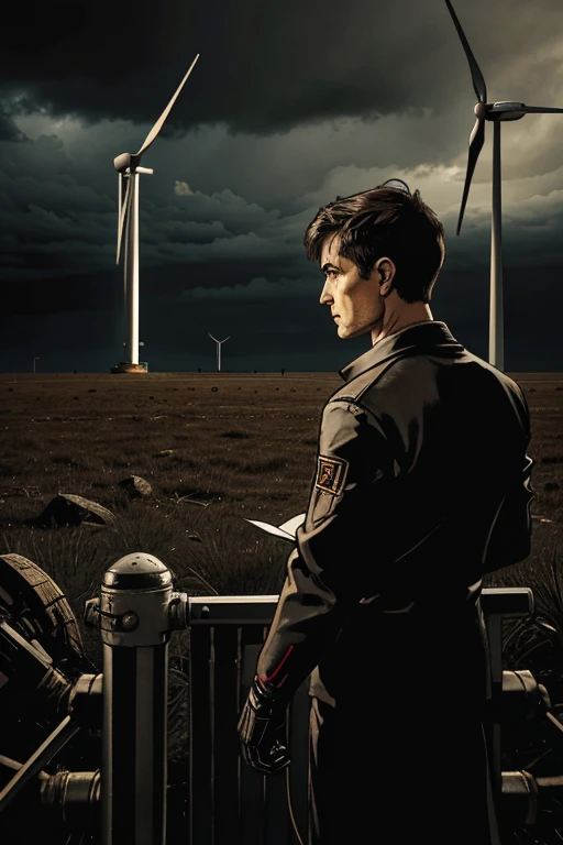 Alex und Robi, der Roboter, comb through the wind turbines, while Professor Müller stands there with a plan and a stack of notes. Das Bild zeigt die Detektivarbeit im Gange, mit einer Taschenlampe, die auf defekte Schraubenverbindungen gerichtet ist. The gloomy surroundings emphasize the seriousness of the mission.