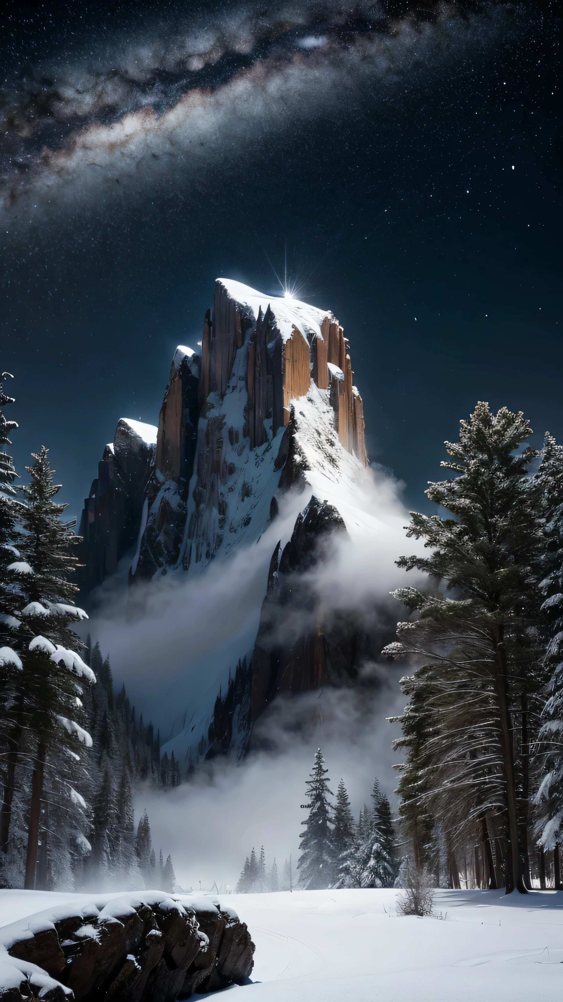 raw photo, black and white big fluffy heart and white snowflakes around, snow-capped mountains and forests behind, , Dark sky, nebula, galaxy, Focus, ultra-high quality, ultra-detailed Focus, high detail, 8K, photorealistic, Dazzling, Rule of thirds, depth of field, complex parts, Conceptual art, bright colors, futuristic design, Attention to detail, grandeur and awe, A stunning visual masterpiece, hard light,