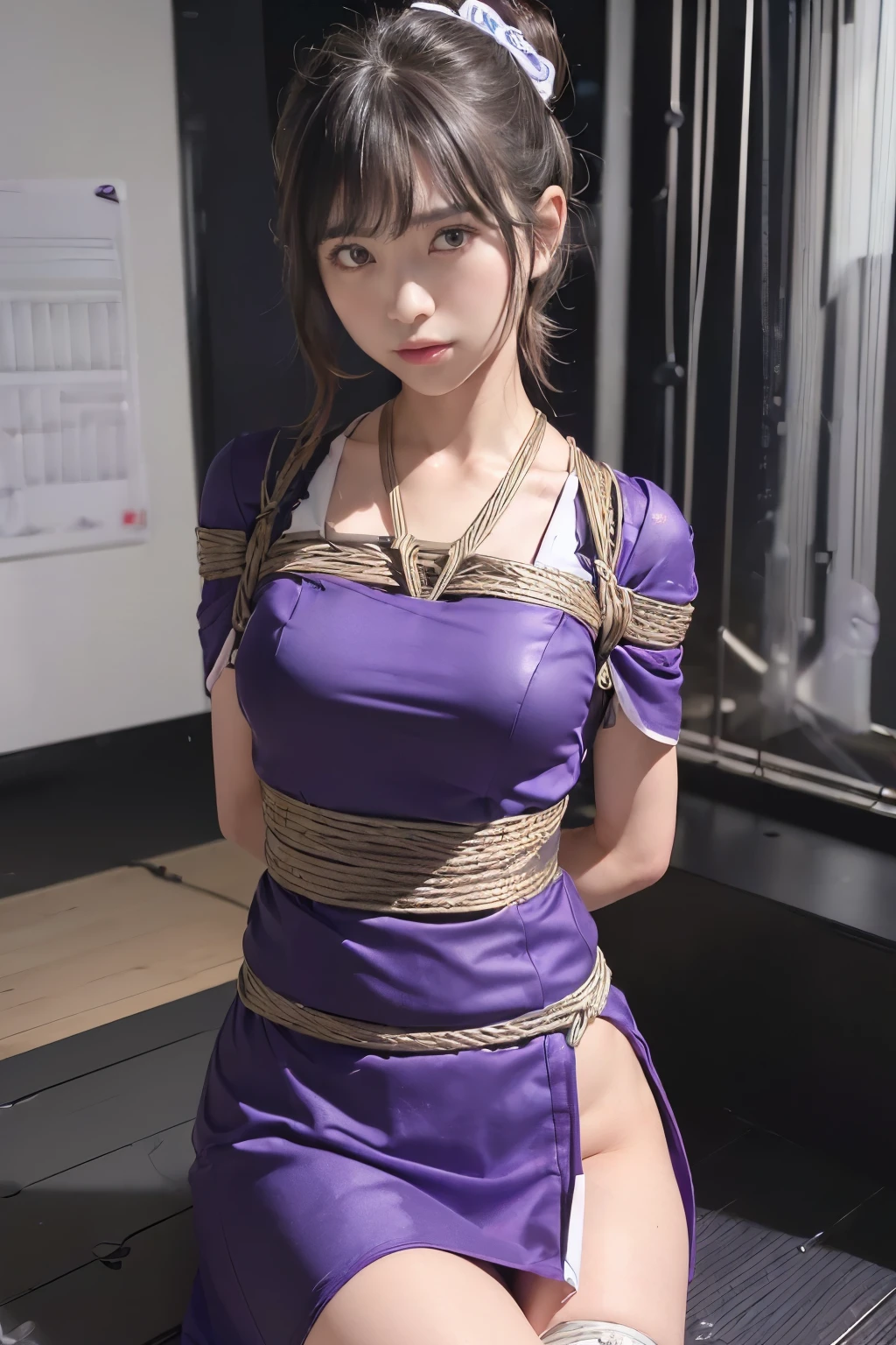 (超highest quality、In 8K、Masseter muscle part、delicate illustrations）、she is a very beautiful japanese housewife.（Around 25 years old）、Odango hairstyle（with hair ornament）、perfect body shape、（Japanese purple luxury kimono 1.1）、Clothes with open front、highest quality, masterpiece, (Original photo, professional photography, photorealistic, realistic:1.3), Highly detailed CG 16K unified wallpaper, (best aesthetics, Natural light:1.1), ultra high resolution, (correct anatomy:1.5), ((Highly detailed skin texture:1.1)), ((View from the front:1.3)), throw, 1 girl, japanese woman, alone, looking at the viewer, cowboy shot, (purple kimono:1.4), (young woman:1.3), (24-years-old:1.1), (look younger than one&#39;s actual age:1.3), brown hair, (single hair bun hair:1.5), pretty fine skin, black eyes, ((thin目:1.4)), Finely drawn nose, beautiful lips, (embarrassing:1.3), ((White Scrub, short sleeve:1.5)), ((a bit, thin:1.4)), ((beautiful breasts:1.2)), (((turn your arms behind your back, restrained, shibari, rope bondage:1.5))), (((sitting on the floor:1.4))), (((indoor, midnight, dark room, empty operating room:1.2)))
