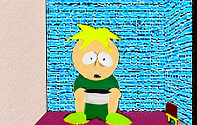 Butters Stotch sitting on the toilet with eating Nachos Pizza on bathroom, South Park Style, Polaroid TV 