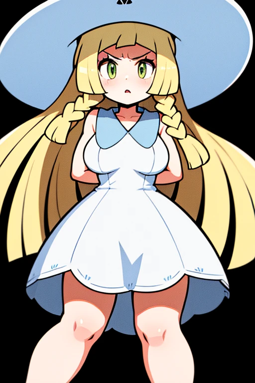 high quality, masterpiece, facing screen, big tits, thick thighs, bent over, arms on hip, angry, aalillie, long hair, braid, sun hat, white headwear, collarbone, sleeveless dress, white dress