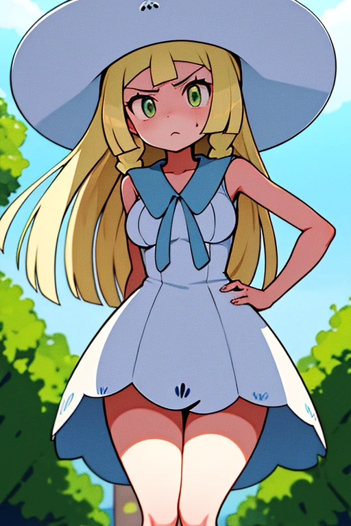 high quality, masterpiece, facing screen, big tits, thick thighs, bent over, arms on hip, angry, aalillie, long hair, braid, sun hat, white headwear, collarbone, sleeveless dress, white dress