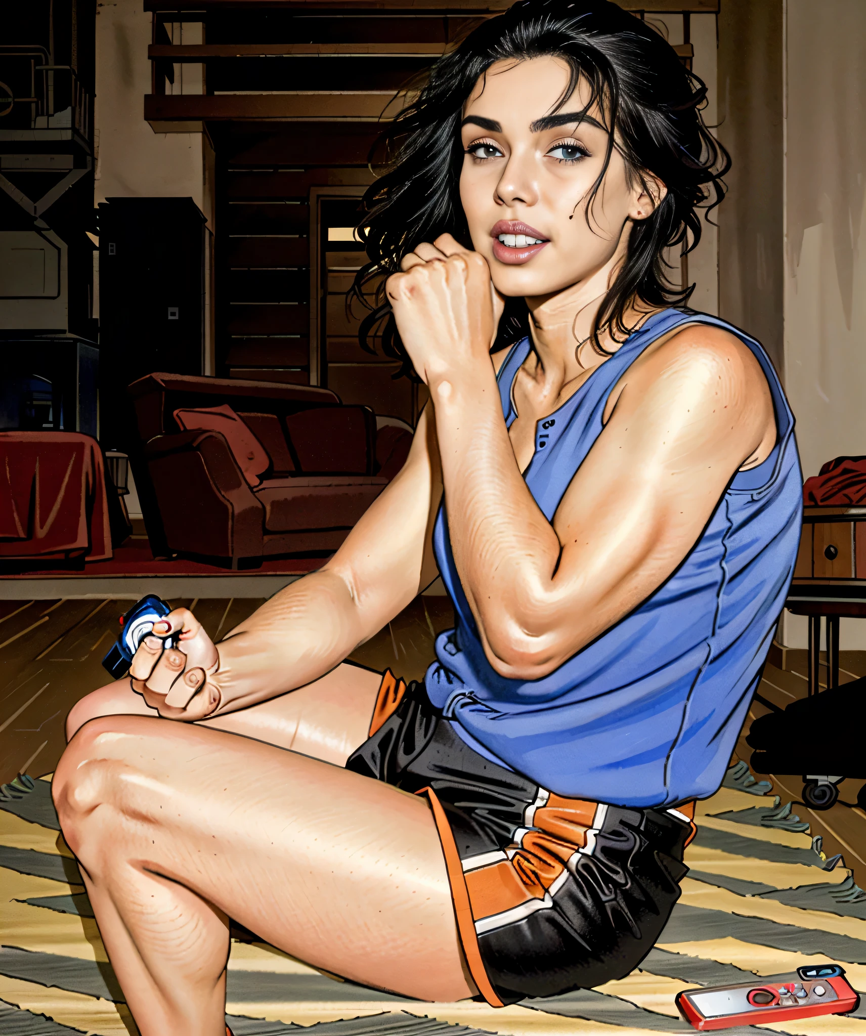 woman sitting on a rug with a remote control in her hand, pose de agachamento, sentado de joelhos dobrados, sentado de pernas cruzadas, foto de perfil. Ela tem 162 cm de altura e seu corpo pesa 56 kg. Your body exudes glamor and your face is the definition of beauty. pernas bem torneadas. Altamente realista, beautiful lips, sorriso, feeling of lightness and joy, hiperrealismo, pele muito elaborada, olhar direto, trabalho de arte, alta qualidade, grande clareza, high resolution, 8k.