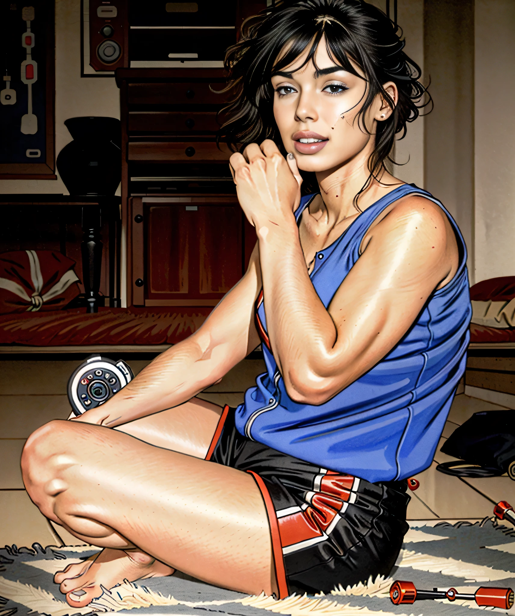 woman sitting on a rug with a remote control in her hand, pose de agachamento, sentado de joelhos dobrados, sentado de pernas cruzadas, foto de perfil. Ela tem 162 cm de altura e seu corpo pesa 56 kg. Your body exudes glamor and your face is the definition of beauty. pernas bem torneadas. Altamente realista, beautiful lips, sorriso, feeling of lightness and joy, hiperrealismo, pele muito elaborada, olhar direto, trabalho de arte, alta qualidade, grande clareza, high resolution, 8k.