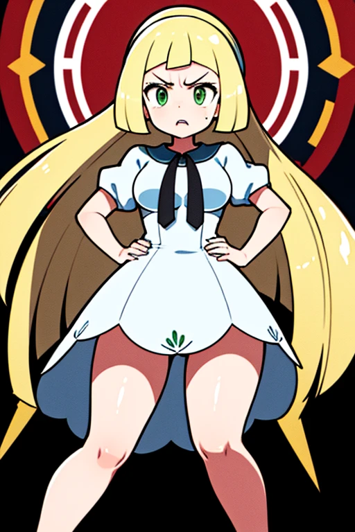 high quality, masterpiece, facing screen, big tits, thick thighs, bent over, hands on hip, angry, lillie, green eyes, white transparent dress