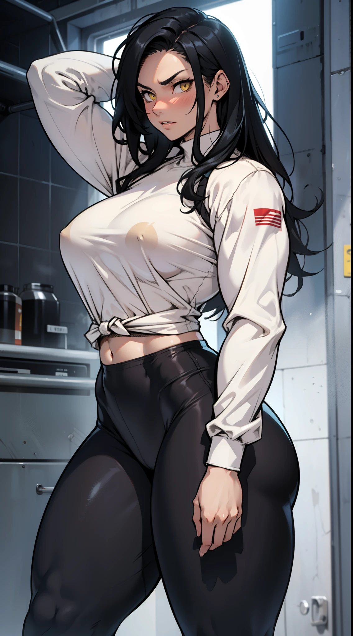 1girl solo black hair yellow eyes very long hair pale skin muscular muscular muscular muscular toned body huge muscles thick thighs girl tight clothes angry blushing messy hair leggings tight shirt long sleeves thick thick thick thick thick thick