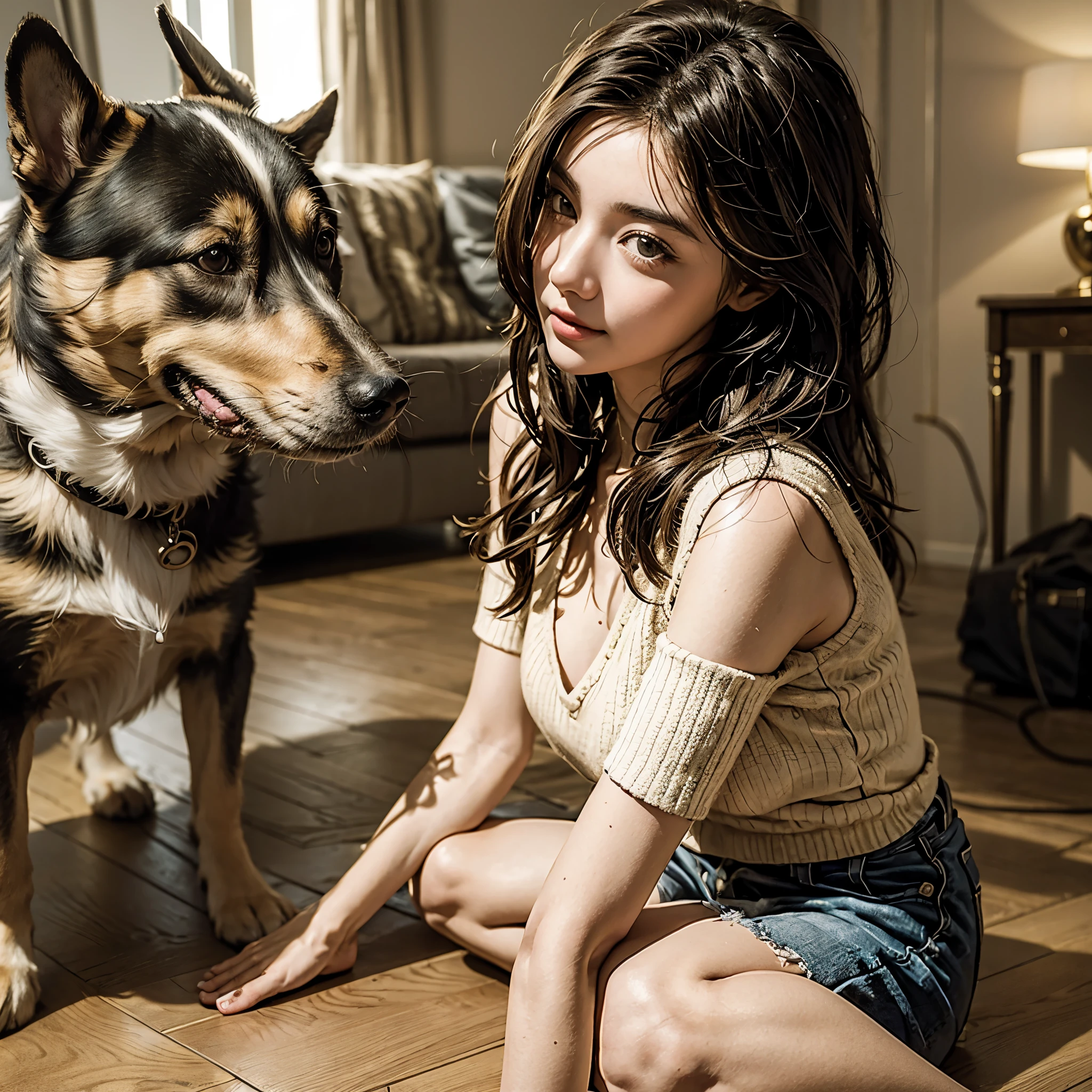 A girl with her pet dog , realistic , only One girl and one dog 