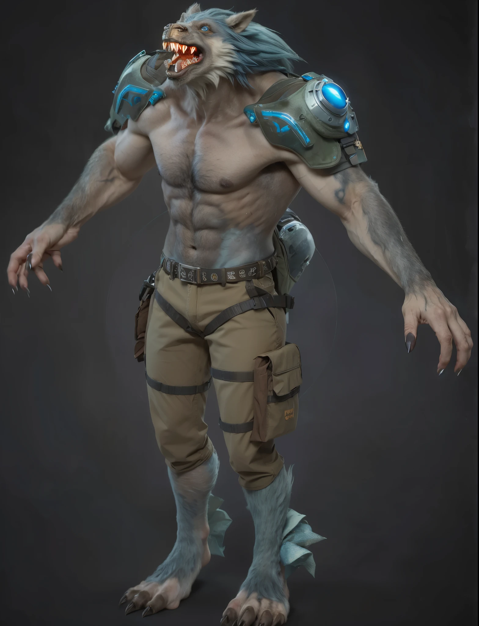 (masterpiece),(best quality:1.0),(ultra high resolution:1.0),monster, werewolf, menacing look,claws, fangs, blue eyes , hair on the body, torn pants, camel color pants, hair on legs, sky blue hair, backpack on the back, wolfteam, face focus, 8k wallpaper, full body