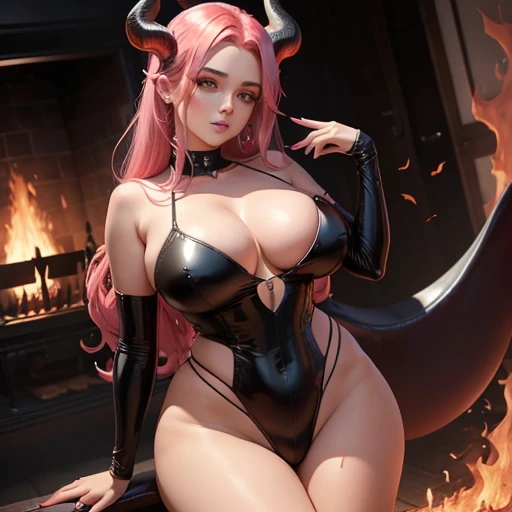 Demone curvy sexu corne et rose sur la tete une flamme dans la main dans un fond feu flamme