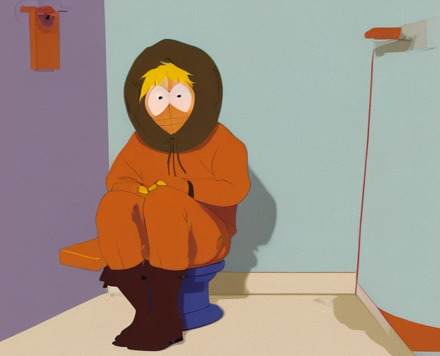 Kenny McCormick sitting on the Toilet in Bathroom, South Park Style, Artist by Jean-Pierre Meixiu 