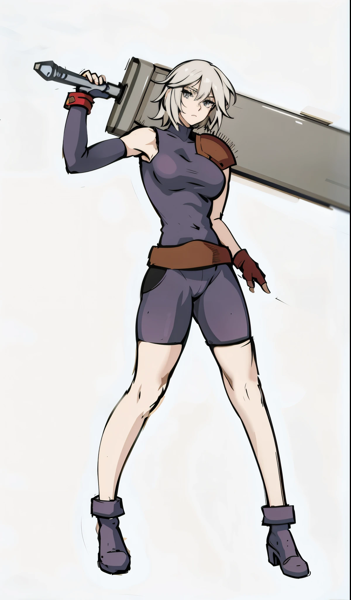 silver hair, bleu eyes, regard sérieux, un dessin d'une femme tenant une grande épée à la main, Protagoniste féminine 👀 :8, Style artistique de Dark Cloud 2, Inspiré des reins, tenant une épée sur son épaule, looking like Annie Léonhart, avec une grande épée, cel - style artistique ombré, elle tient une épée, Protagoniste féminine, notion de corps entier, pose de combat, Annie Léonhart, un dessin animé représentant une femme tenant une épée et une épée, notion de corps entier, portrait complet du corps d'un court!, Kate Bishop, coloré numériquement, Protagoniste féminine 👀 :8, personnage principal féminin, cel - style artistique ombré, croquis en couleur, high quality croquis en couleur, glamour jill valentine, Ressemblant à Annie Leonhart, nettoyer cel shaded, nouveau concept de costume