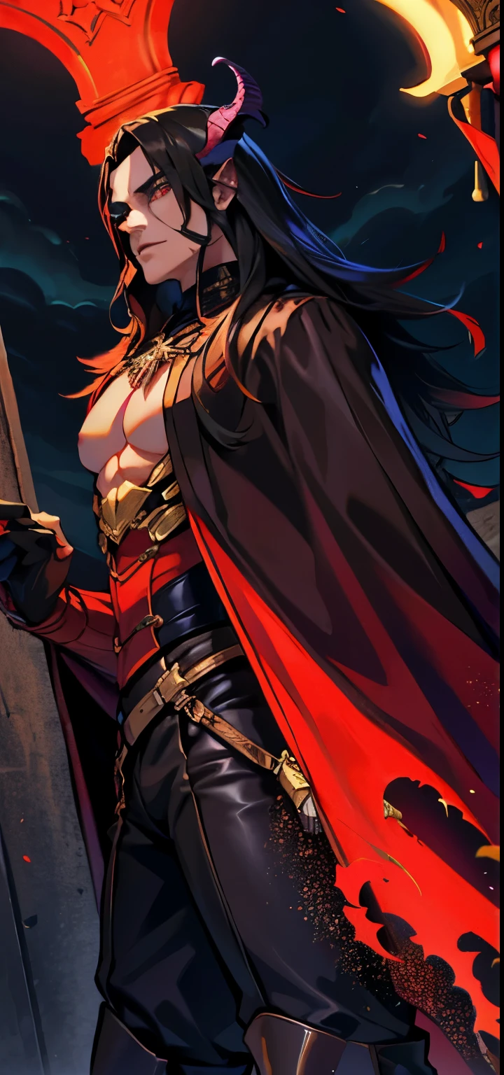 Homem adulto de cabelos pretos, peles avermelhadas, chifres vermelhos de demon, rabo vermelho de demon, homem humano e demon, meio humano e meio demon, homem de cabelo preto, demon, humano, peles vermelhas, arte de corpo inteiro