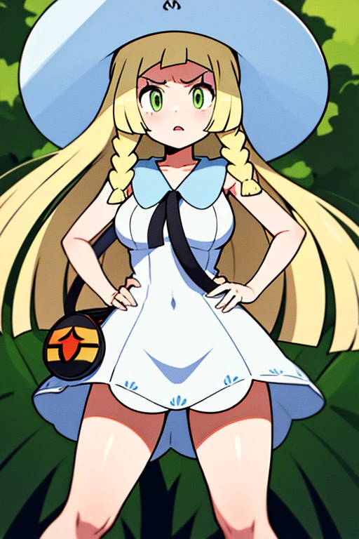 high quality, masterpiece, facing screen, big tits, thick thighs, bent over, hands on hip, angry, aalillie, long hair, braid, sun hat, white headwear, collarbone, sleeveless dress, white dress, white sunhat, bag