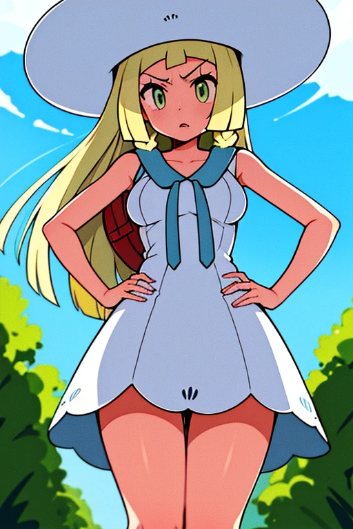 high quality, masterpiece, facing screen, big tits, thick thighs, bent over, hands on hip, angry, aalillie, long hair, braid, sun hat, white headwear, collarbone, sleeveless dress, white dress, white sunhat, bag