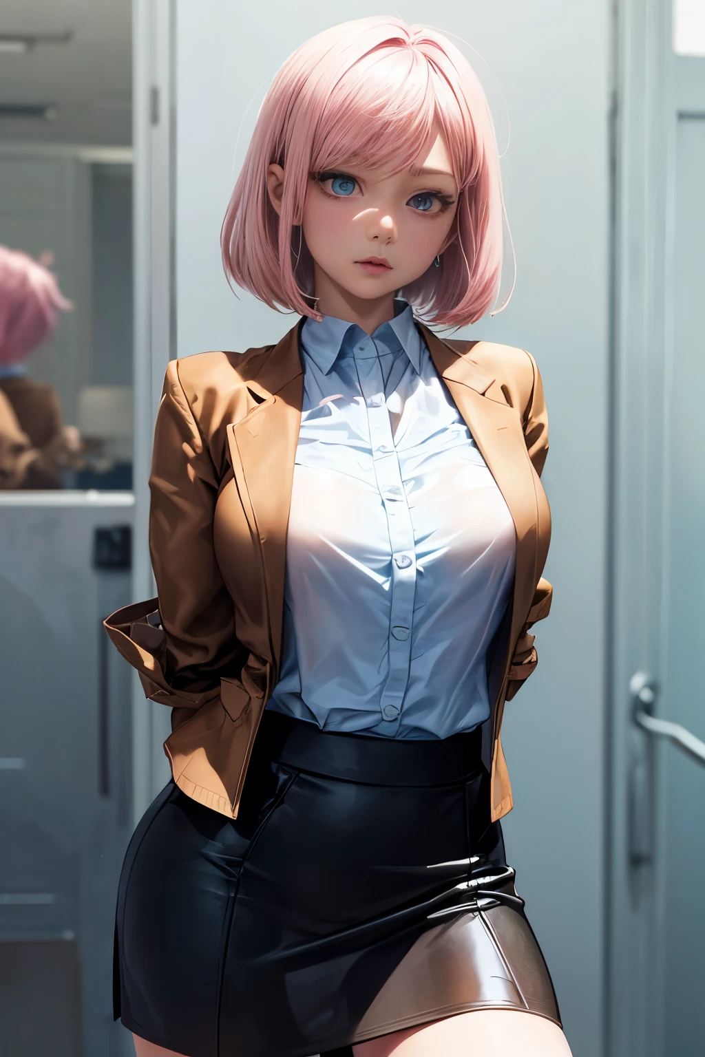 school teacher, NSFW, ((anatomically correct hand:1.5)), anime, ((京都animeーション風に:1.5)), ultra precision, masterpiece, very very beautiful, プリンセスのface, ((alone:1.5)), ((pink hair:1.5)), ((bob cut 1.5)), break, ((black eye)), shortcut, ((straight hair)), break, All limbs,((full finger:1.5)), break, ((long_sleeves)), break, ((brown jacket:1.5)), break, ((black penncil skirt:1.5)), break, ((Light blue blouse:1.5)), ((business suit:1.5)), break, (skindentation), ((skin dents)), professional lighting, (25 years old), tight waist, shiny skin (brown skin), ((oily skin)), glowing skin, looking at the viewer, ((cowboy shot:1.5)), ((dynamic pose:1.5)),  look at the camera, わずかな笑face, mouth slightly open, ((cute:1.5)), extra fine eyes, Extra-fine face, ((thin lips:1.5)), ((droopy eyes)), わずかな笑face, ((model pose:1.5)), face, look at the camera, ((large_breasts)), (()), ((anatomically correct fingers:1.5)),(((arms behind back:1.5))), ((thighs)), sexy, ((see-through)), break,