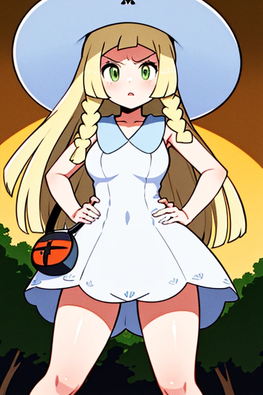 high quality, masterpiece, facing screen, big tits, thick thighs, bent over, hands on hip, angry, aalillie, long hair, braid, sun hat, white headwear, collarbone, sleeveless dress, white dress, white sunhat, bag