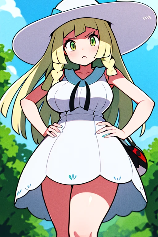 high quality, masterpiece, facing screen, big tits, thick thighs, bent over, hands on hip, angry, aalillie, long hair, braid, sun hat, white headwear, collarbone, sleeveless dress, white dress, white sunhat, bag