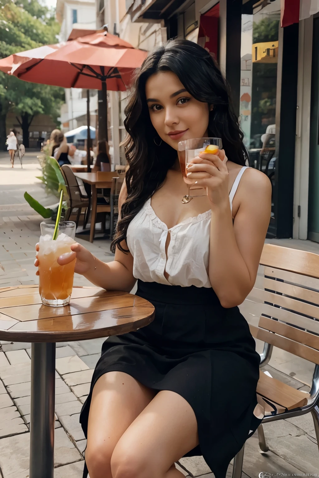 beautiful wavy black haired woman sitting at the table outside with a drink in her hand