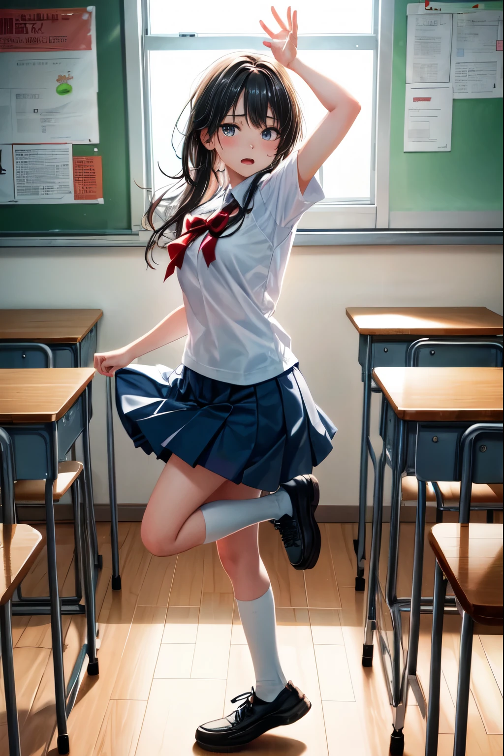 A TikTok screenshot-like image capturing an emotional scene of a high school girl dancing in a classroom, with a shy expression on her face.