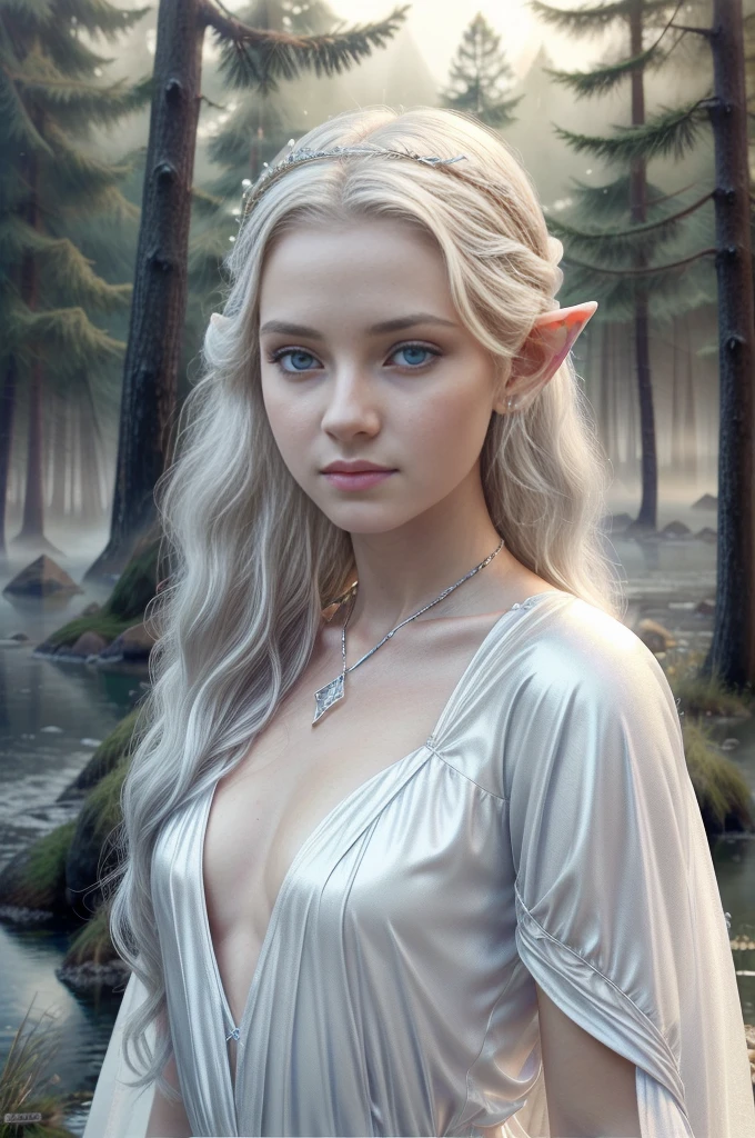 imagine 15 years old Elfic princess coming out of a fantasy magical foggy lake, a Druid in a foggy magical Forest (RPG), (Fantasy, Tolkien:1.2), 8K ,UHD, photorealistic, Masterpiece, lifelike skin, long straight light blonde-white hair, a 15 years old russian girl with a  slim body, small breasts, very white skin, blue-grey eyes, Without cosmetics, she has slighty pointy small elf ears , a Sophisticated appearance, A girl in a white fairy robe , Pure face, white elfic princess costume, Nikon Z8 + NIKKOR Z 24-120 mm f/4 S, (white elfic princess costume, slim body, elfic jewelry, noble look, pure face, white skin, half body shot, elfic world in the background, magic light, bright light, foggy, magical atmosphere, elfic tolkien vibe:1.3)