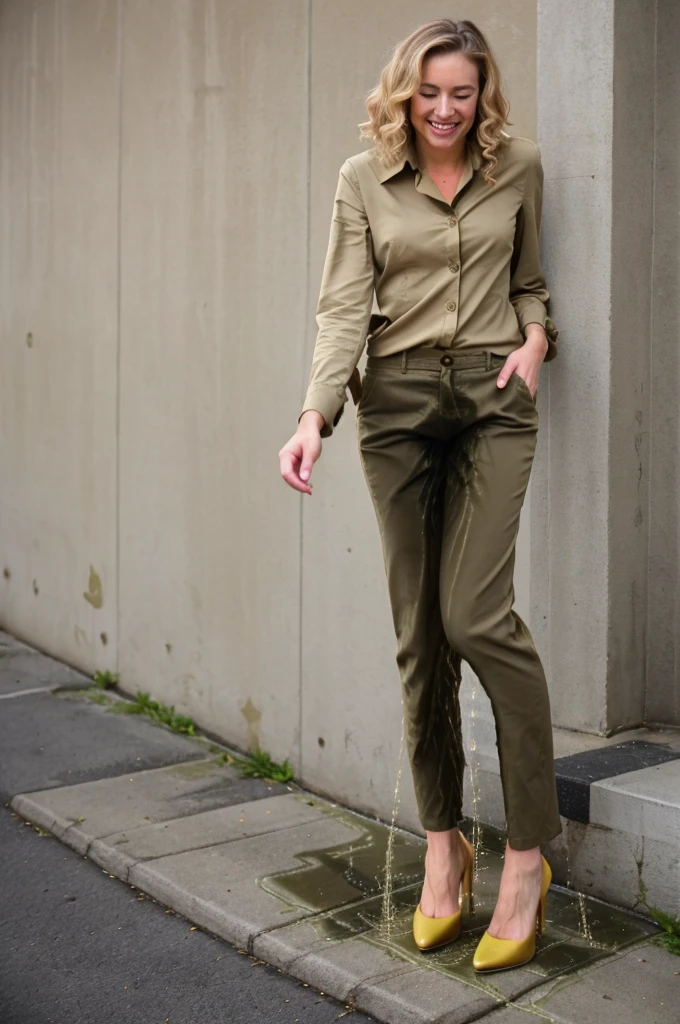 tall blonde, curly hair, olive green business pants and short olive green jacket, ((tan 5" heels)), ((tan blouse)), messy bob haircut, ((pee stain)), show heels, heels filled with pee, shins of pants are soaked with pee, pants really soaked with pee, pee stain is shiny wet, inviting smile, pee runs down her legs and soaks the shins of her business pants