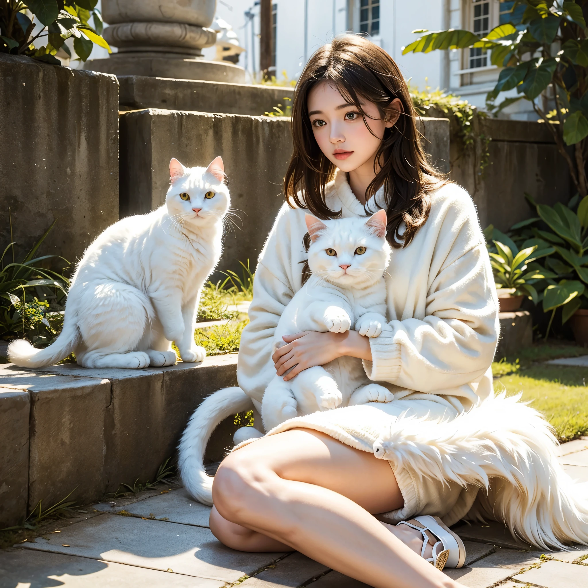 A girl With white fluffy cat