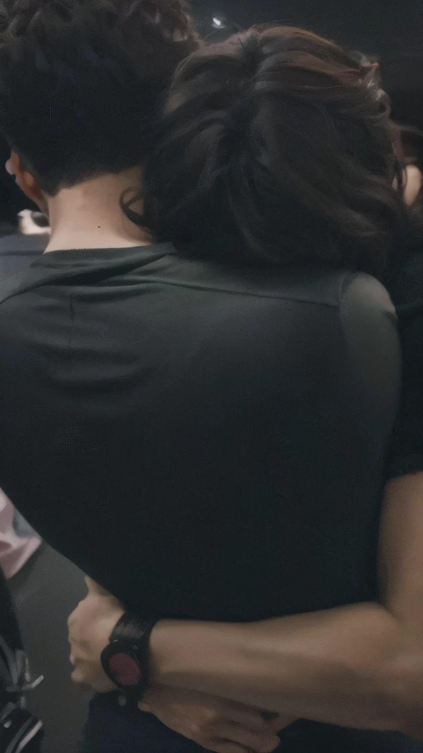 there are two people hugging each other in a room, close-up from behind, sobre o ombro, close-up shot taken from behind, olhando o ombro dela, neblina por cima do ombro, ombros podem ser vistos, noite calma. tiro por cima do ombro, seen from back, close por cima do ombro, de costas viradas, his arms are behind his back