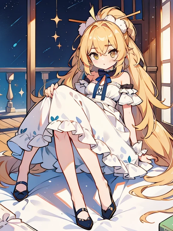 absurdres, uhd, best_quality:1.4, Very long term, Very large eyes, (ddlers), (Lori), Very small stature, long blonde hair, blue eyes, flat shoes, dress with empire waistline, pastel colored clothes, magia, A smile, Puella Magi Madoka,