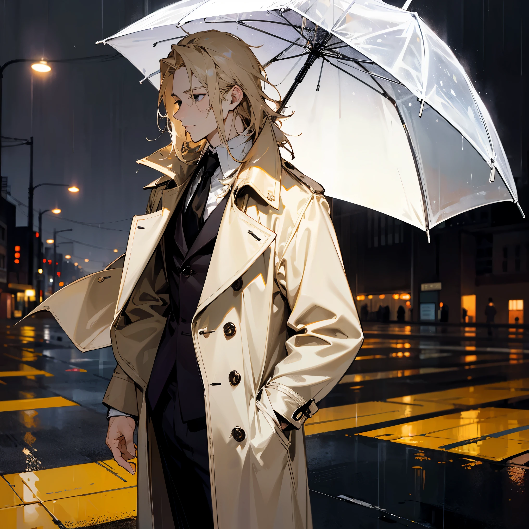 Pale Messy Blonde Hair , Relaxed Expression , Black Suit , White Shirt , Brown Trench-coat, Adult Male , Purplish Black eyes , Rainy City Background , Standing on sidewalk 