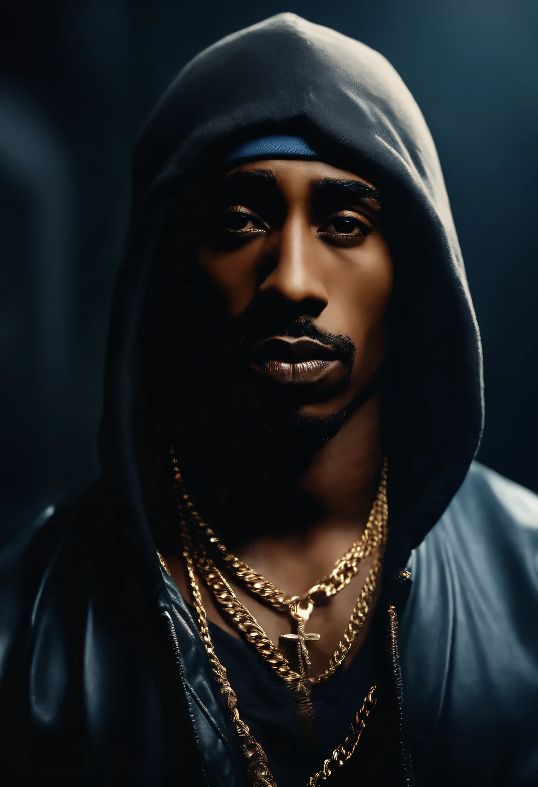 best quality,highres,ultra-detailed,
Tupac Shakur in dark ambient,portrait,realistic:1.37,
detailed eyes,detailed lips,focused gaze,
hip hop style,hoodie,bandana,chain,
intense expression,sleek hairstyle,
moody lighting,dramatic shadows,
vivid colors,slight blue color tone