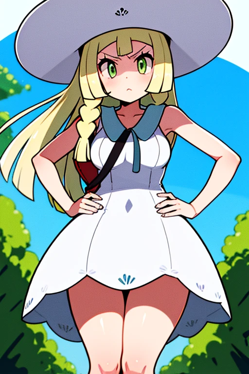 high quality, masterpiece, facing screen, impossibly big tits, thick thighs, bent over, hands on hip, angry, aalillie, long hair, braid, sun hat, white headwear, collarbone, sleeveless dress, white dress, white sunhat, bag over shoulder