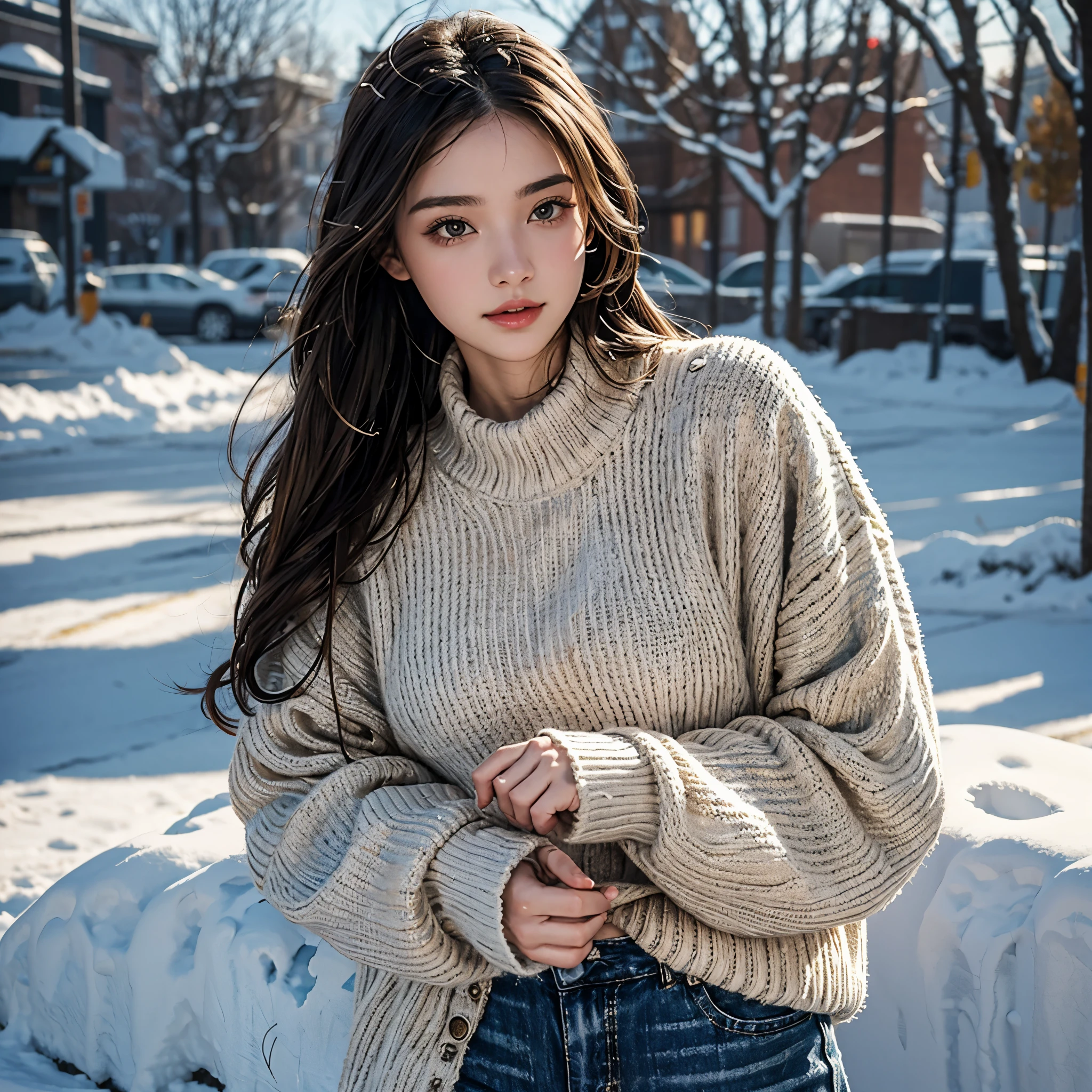 A girl wearing loose sweater , winter Background, realistic