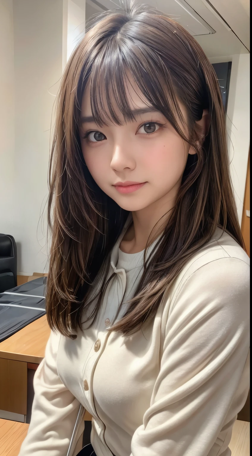 (8K,masterpiece, RAW photo,highest quality:1.4),(photo-realistic:1.2),(extremely detailed face),(shiny skin),(fine skin),(detailed face),(very beautiful face),1 girl,looking at the viewer,japanese idol(actress), brown hair,medium hair,straight hair,asymmetrical bangs,smile,Glamour,big breasts,school uniform,classroom,close your face,Natural light