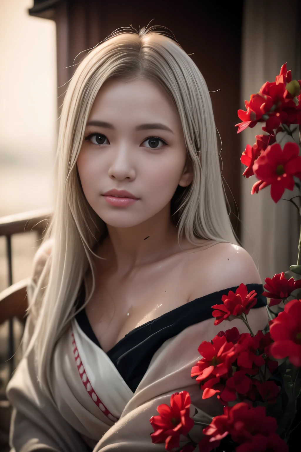 1girl,solo,1girl,solo,((beautiful detailed eyes)), (detailed light),depth of field,(white hair),silver eyes,hair over one eye,(red flower ), hair flower,long hair,black off-shoulder kimono,wet,emotionless,looking back,night,starfall,raining,fog,red flowers falling,sketch,upper body,intense shadows,