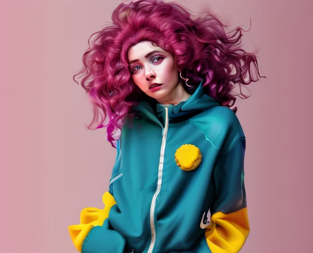 Black Cherry Butterscotch Lemonade Cookie, Dark Pink Hair, medium hair, curly hair, hair over one eye, Blue Green Tracksuit, Surrealism, UHD, 16k