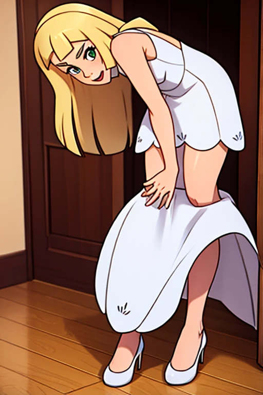 Lillie, bent over, white dress