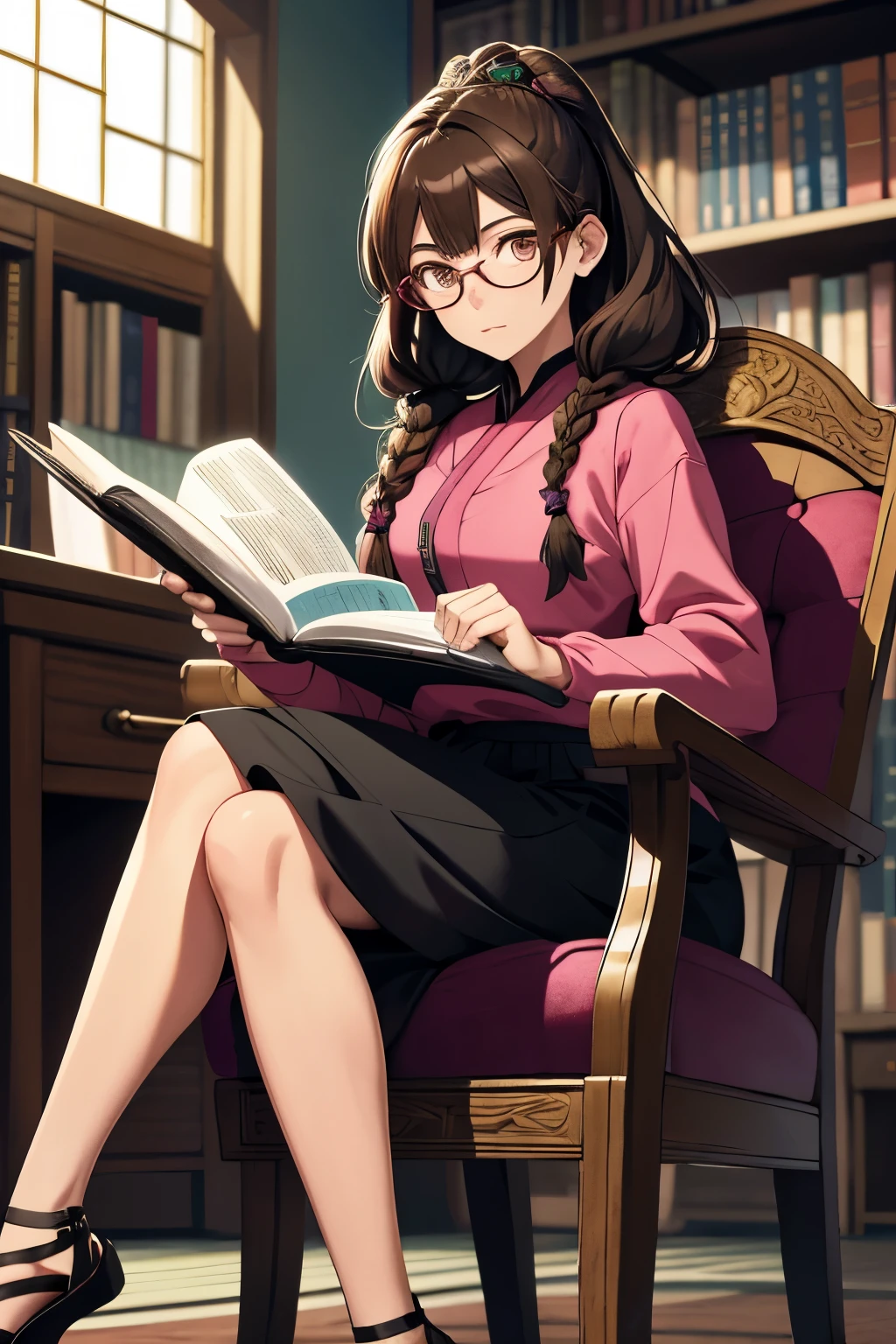 Ultra-detailed masterpiece, estilo Jujutsu Kaisen, a nerdy princess, with glasses perched on the tip of her nose, and flowing brown hair, adorned with intricate braids, a radiant pink blouse, and a stylish Jujutsu Kaisen-inspired outfit. Her expression exudes intelligence and confidence. Surrounded by an assortment of books and scrolls, she sits gracefully on a plush chair, engrossed in her studies. A loyal and mischievous cat companion rests at her feet, adding a touch of whimsy to the scene. The background features a complex and intricate Jujutsu K